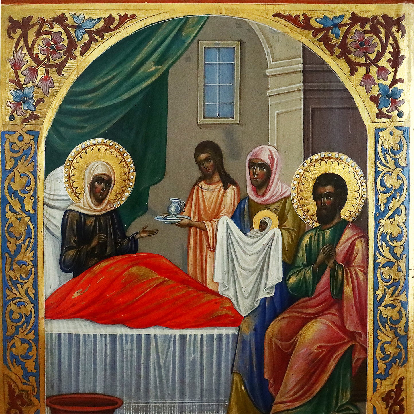 Antique, 19th century, Orthodox RUSSIAN ICON: THE NATIVITY OF THE MOTHER OF GOD | 4548 |
