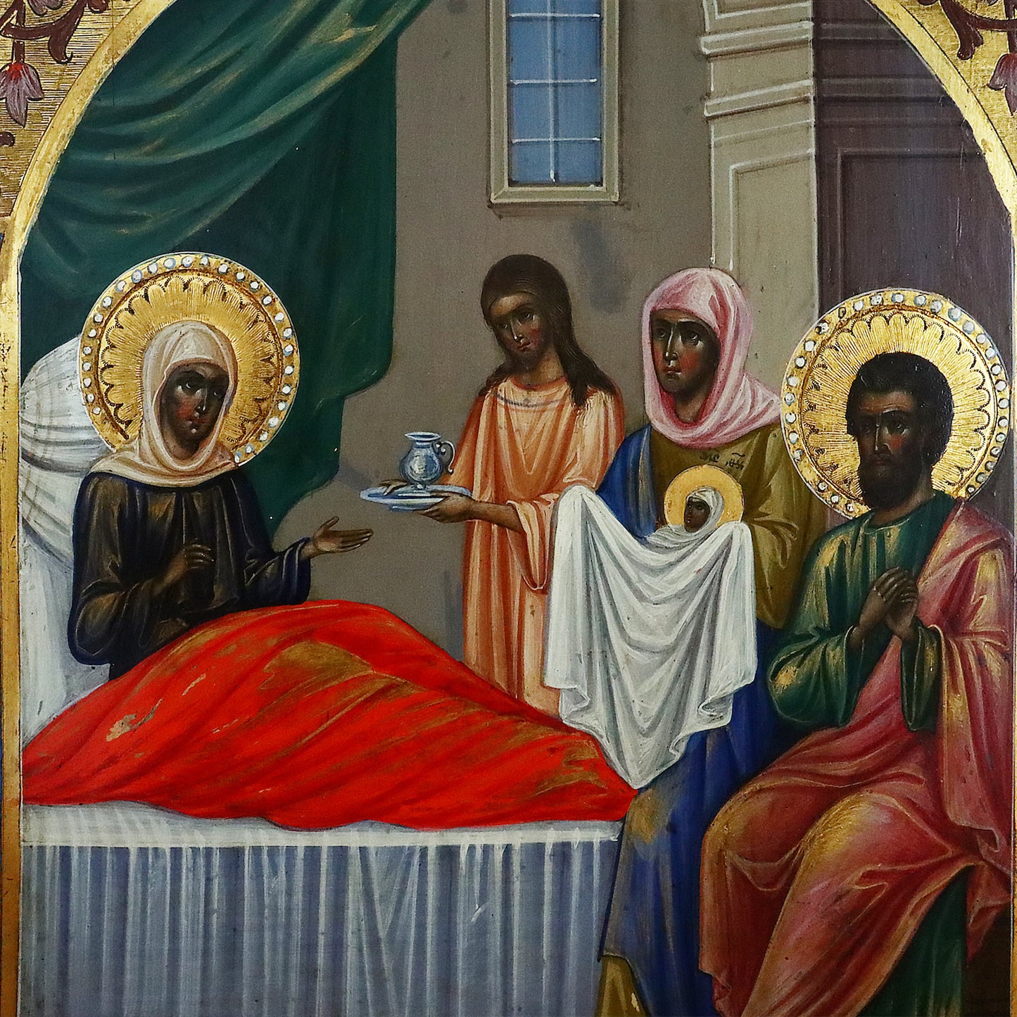 Antique, 19th century, Orthodox RUSSIAN ICON: THE NATIVITY OF THE MOTHER OF GOD | 4548 |