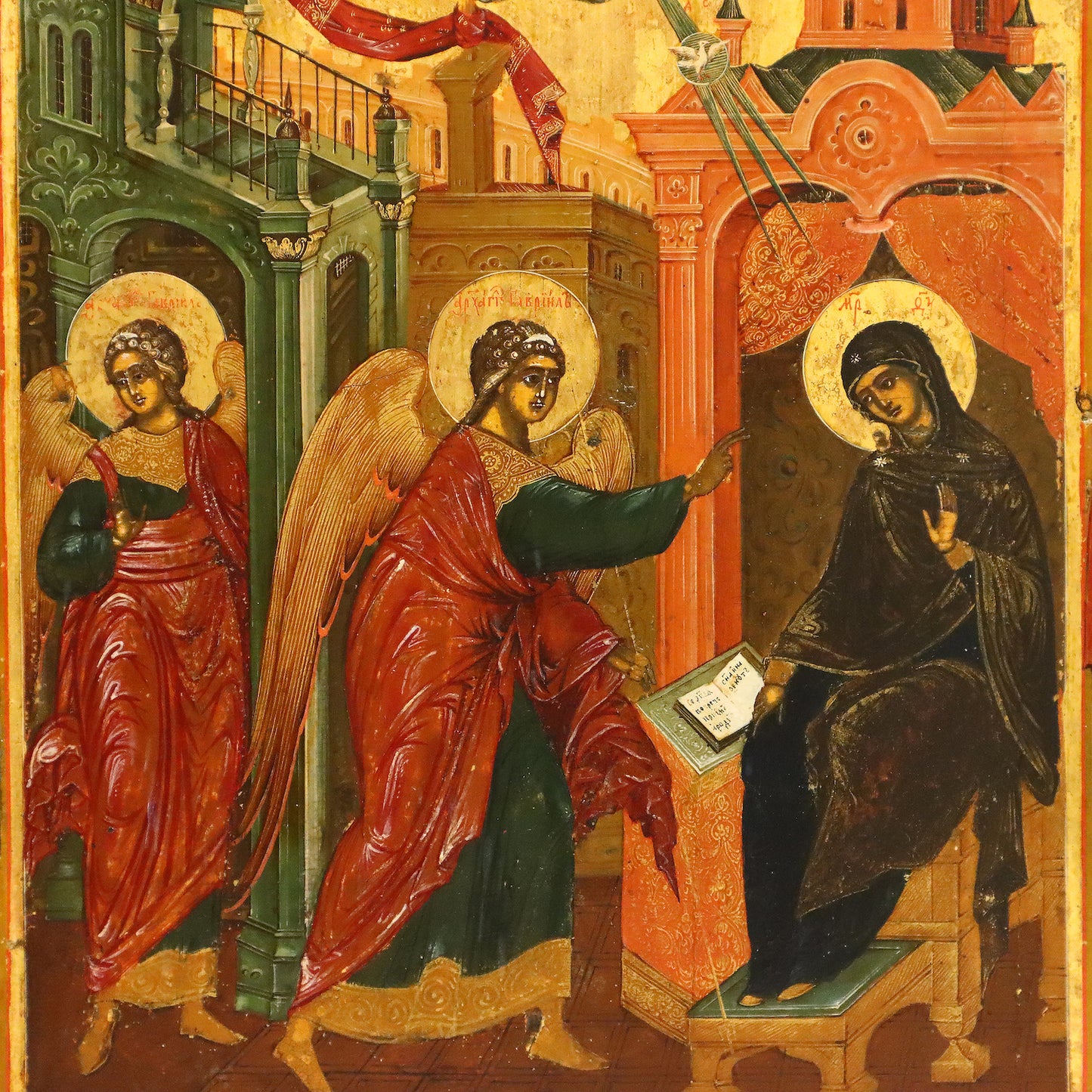 ANTIQUE 19c 84 SILVER RUSSIAN PAINTED ICON: THE ANNUNCIATION WITH A SILVER-GILT COVER. | 5136 |