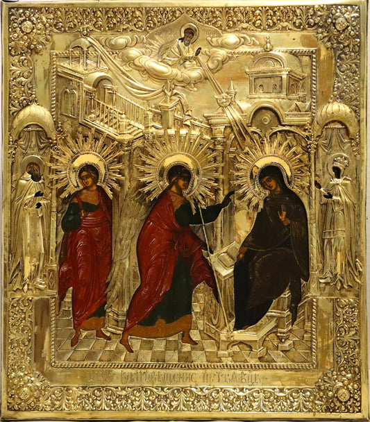 ANTIQUE 19c 84 SILVER RUSSIAN PAINTED ICON: THE ANNUNCIATION WITH A SILVER-GILT COVER. | 5136 |