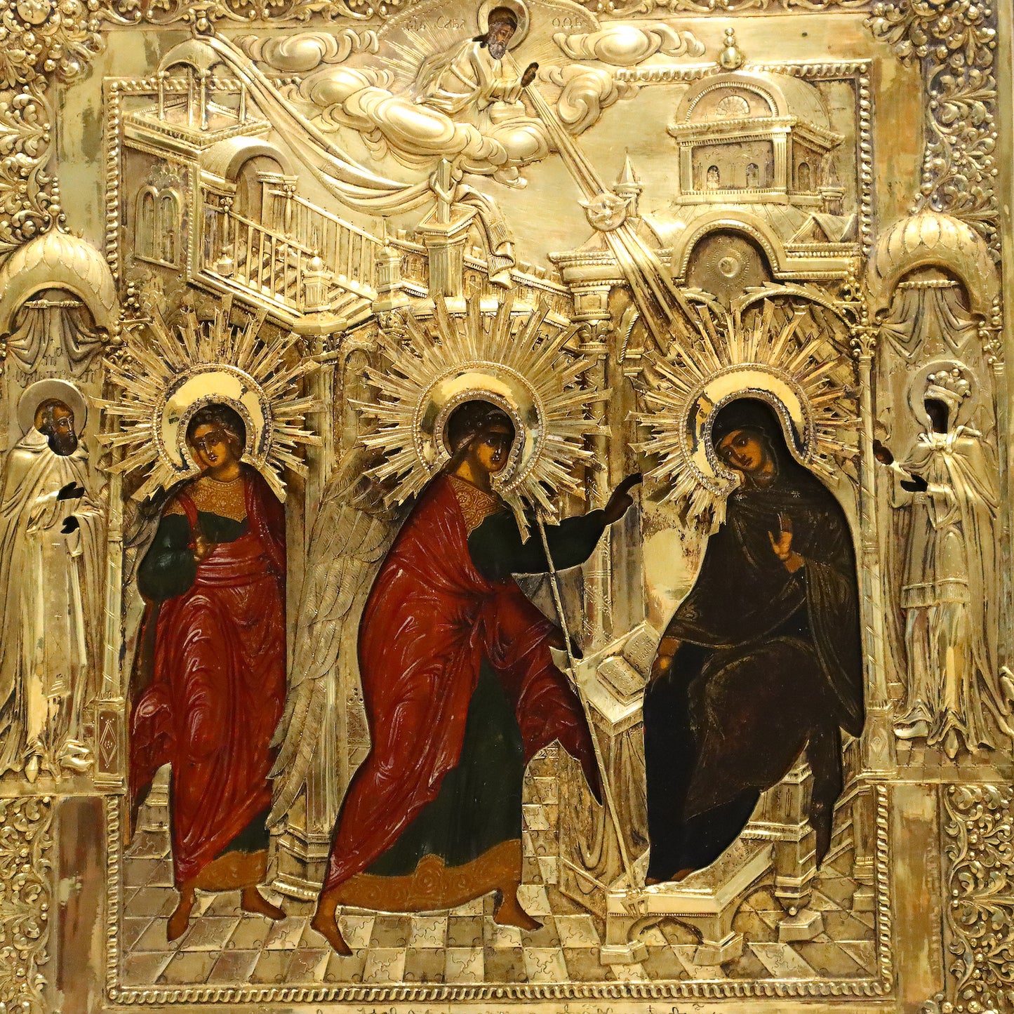 ANTIQUE 19c 84 SILVER RUSSIAN PAINTED ICON: THE ANNUNCIATION WITH A SILVER-GILT COVER. | 5136 |