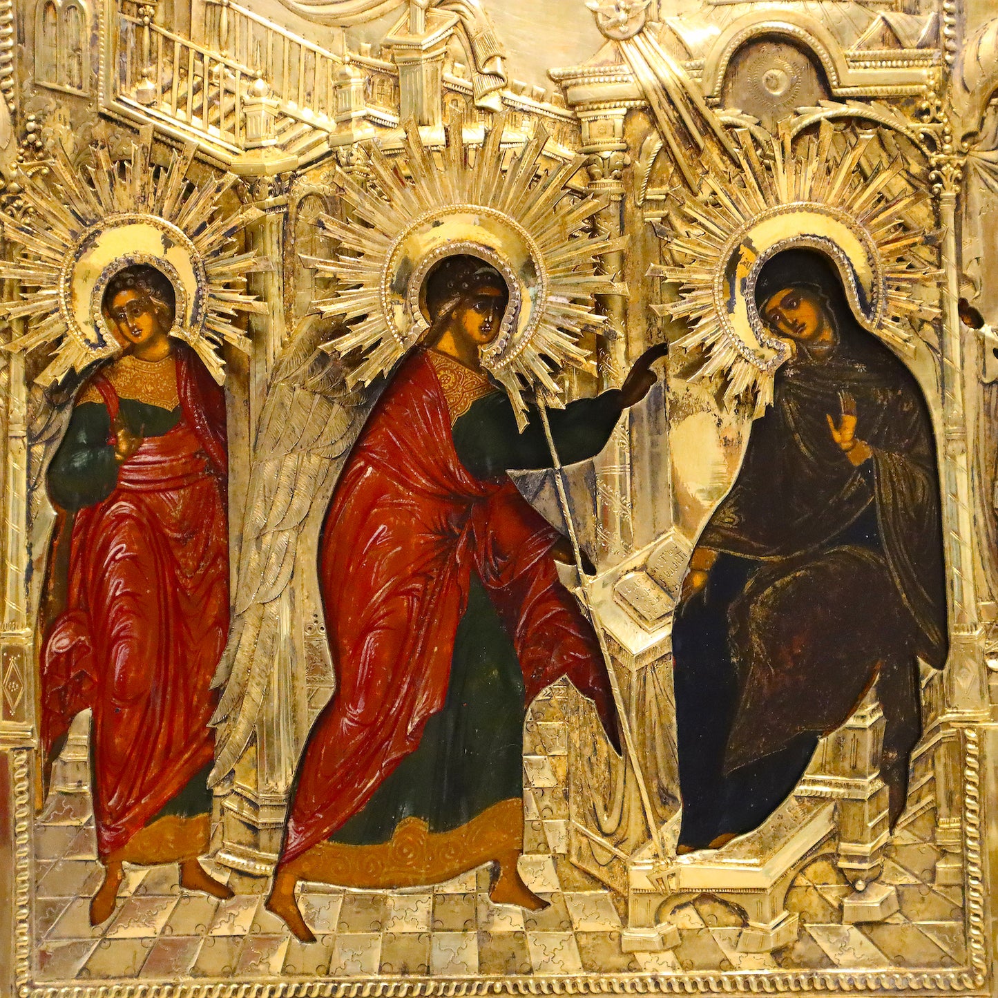 ANTIQUE 19c 84 SILVER RUSSIAN PAINTED ICON: THE ANNUNCIATION WITH A SILVER-GILT COVER. | 5136 |