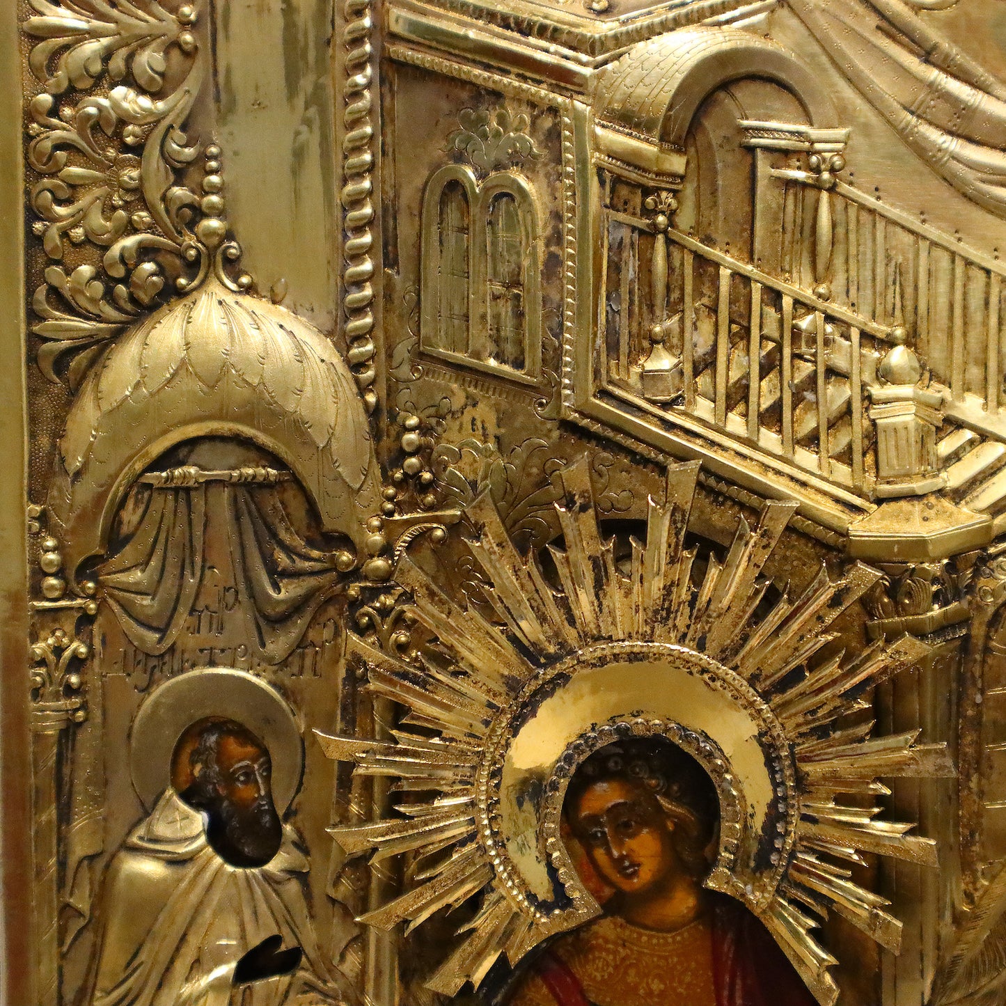 ANTIQUE 19c 84 SILVER RUSSIAN PAINTED ICON: THE ANNUNCIATION WITH A SILVER-GILT COVER. | 5136 |