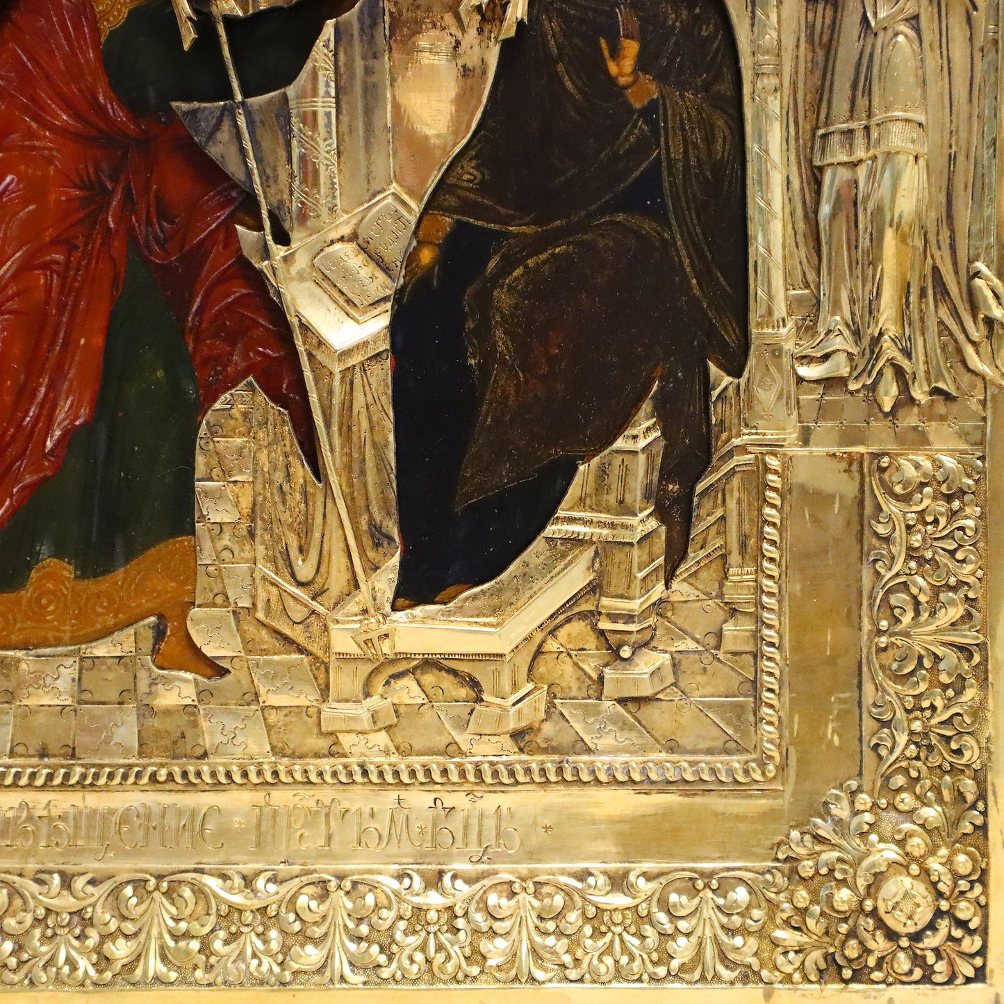 ANTIQUE 19c 84 SILVER RUSSIAN PAINTED ICON: THE ANNUNCIATION WITH A SILVER-GILT COVER. | 5136 |