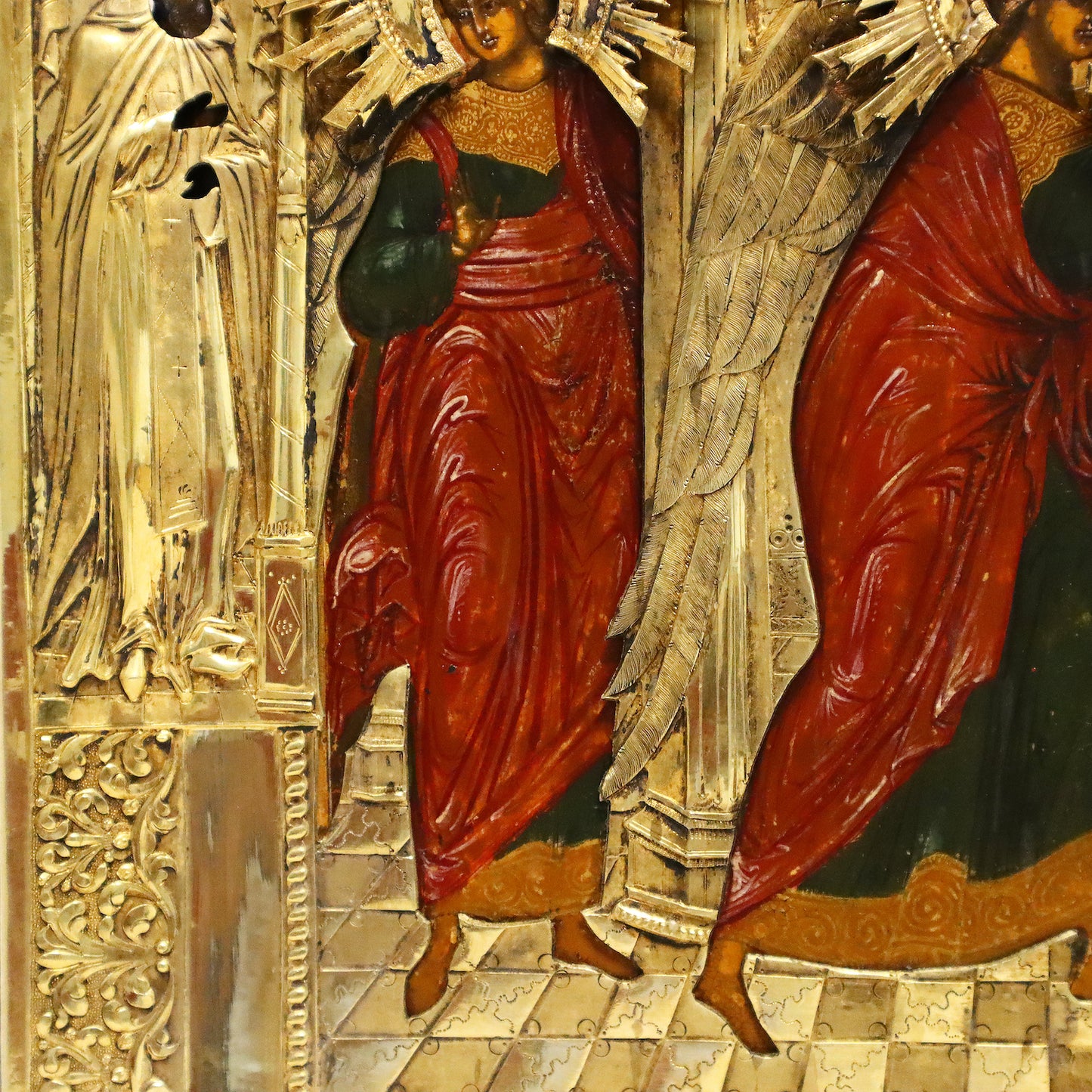 ANTIQUE 19c 84 SILVER RUSSIAN PAINTED ICON: THE ANNUNCIATION WITH A SILVER-GILT COVER. | 5136 |