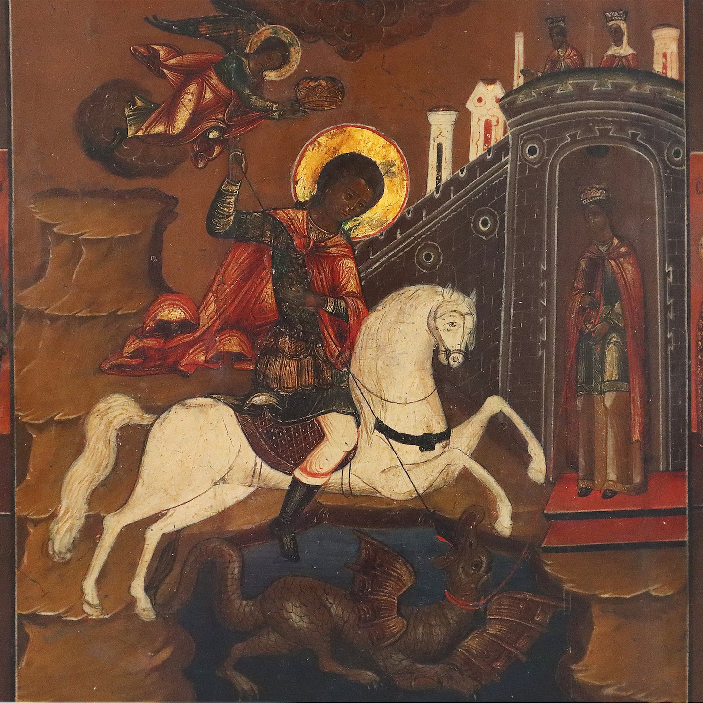ANTIQUE 19c RUSSIAN PAINTED ICON: Saint George Slaying the Dragon | 5238 |