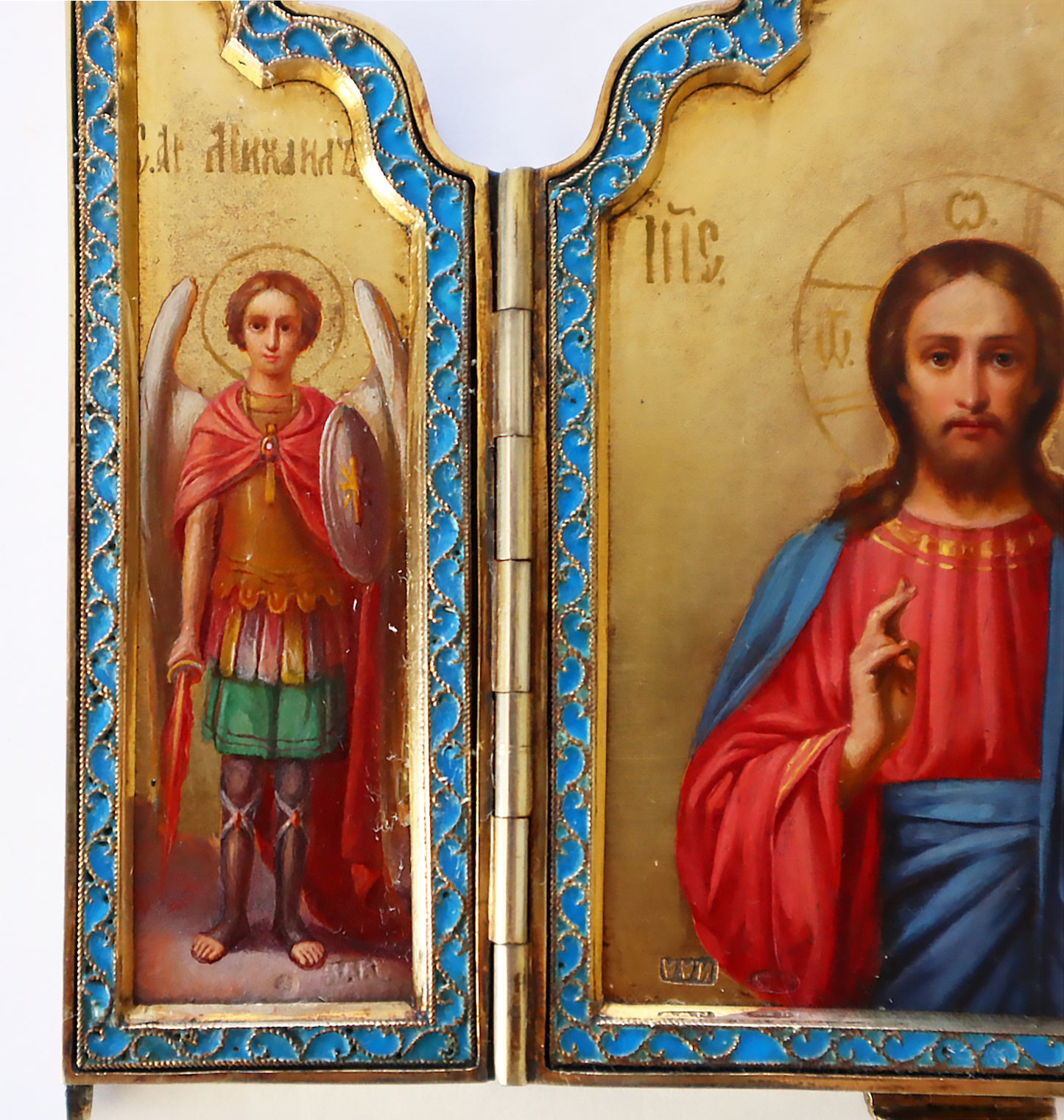 ANTIQUE 19c 84 SILVER RUSSIAN PAINTED ICON Three-winged triptych, silver-gilt, enamel. | 5259