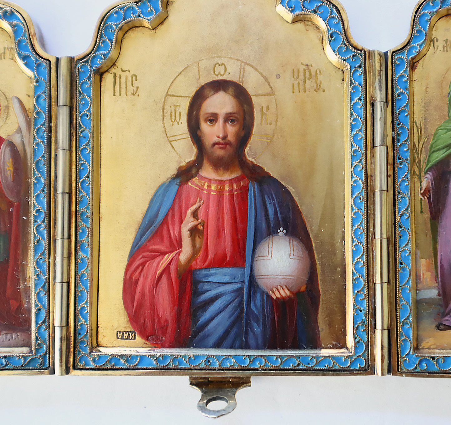 ANTIQUE 19c 84 SILVER RUSSIAN PAINTED ICON Three-winged triptych, silver-gilt, enamel. | 5259