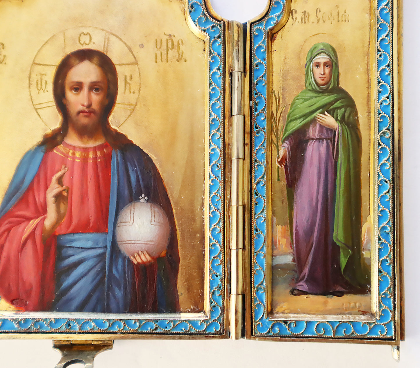 ANTIQUE 19c 84 SILVER RUSSIAN PAINTED ICON Three-winged triptych, silver-gilt, enamel. | 5259