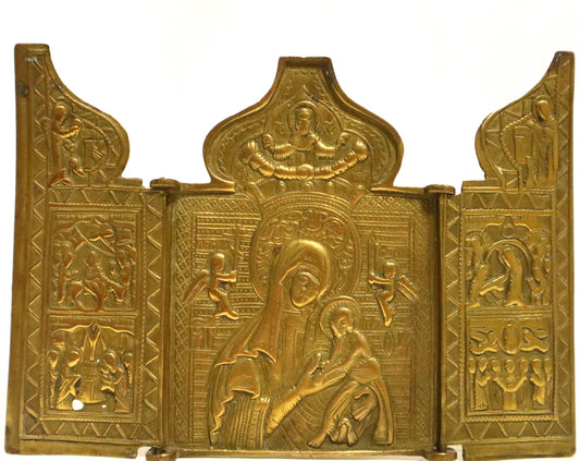Antiques, Orthodox, Russian Bronze icon-triptych: The Mother of God. | 5317 |