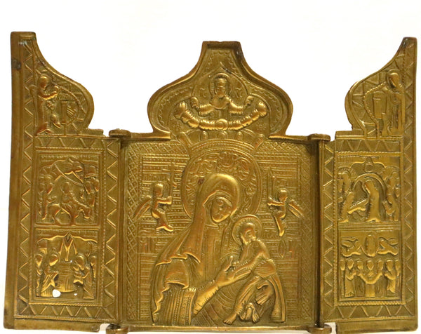 5317 | Antiques, Orthodox, Russian Bronze icon-triptych: The Mother of God.