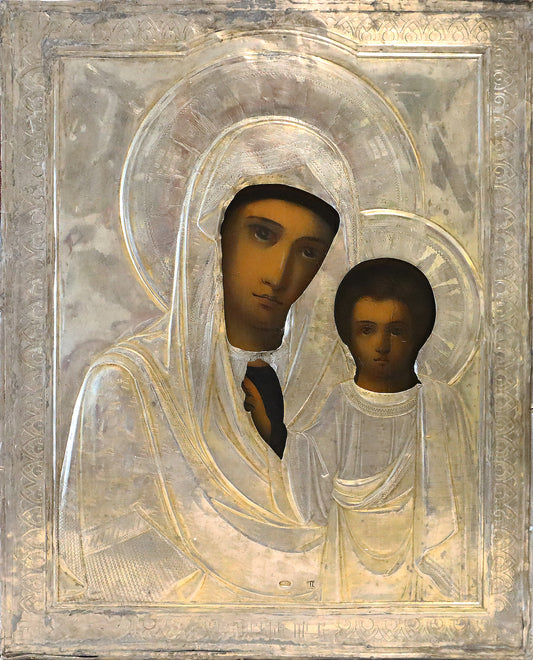 ANTIQUE 19c 84 SILVER RUSSIAN PAINTED ICON: Kazan Mother of God | 5345 |