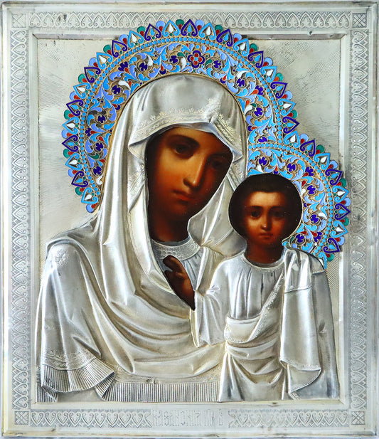 Antiques, Orthodox, Russian icon: KAZAN MOTHER OF GOD WITH A SILVER-GILT OKLAD WITH ENAMEL HALO. | 5348 |