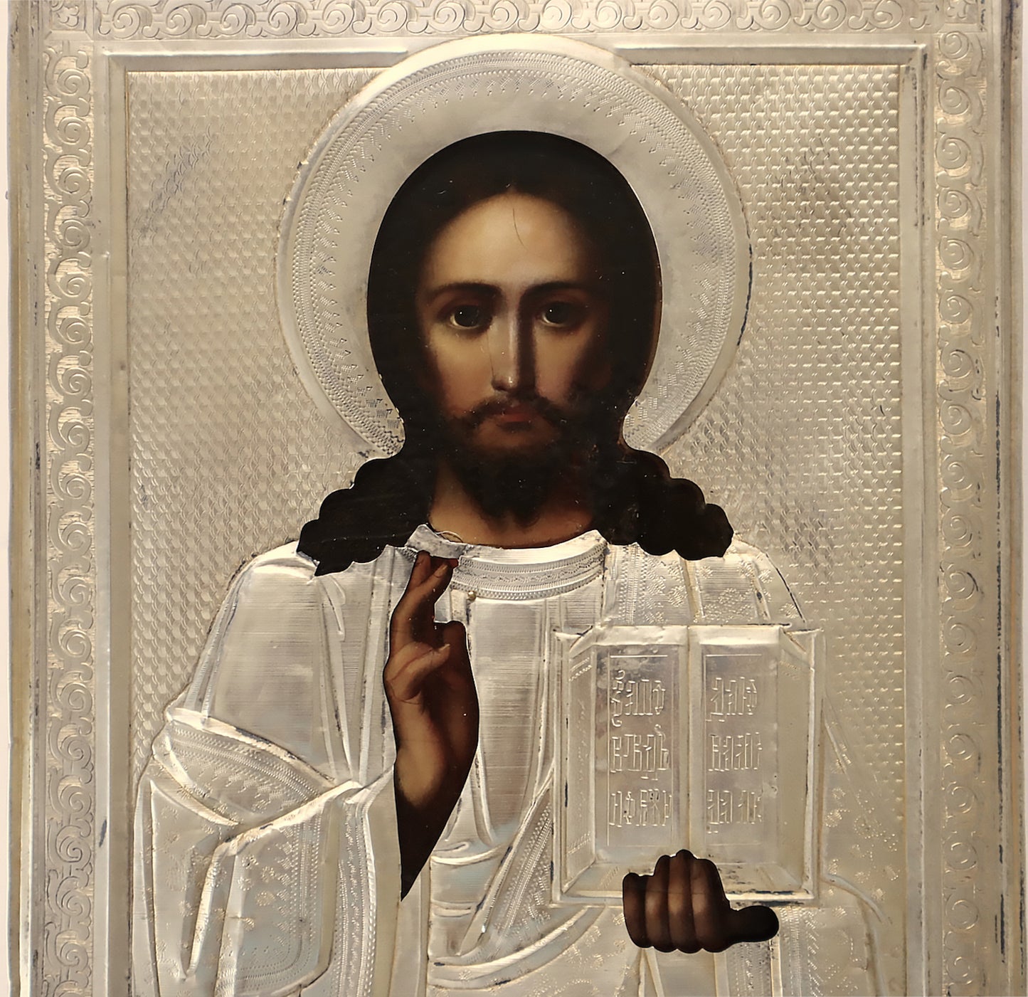 ANTIQUE 19c 84 SILVER RUSSIAN PAINTED ICON: CHRIST PANTOKRATOR WITH A SILVER OKLAD | 5395
