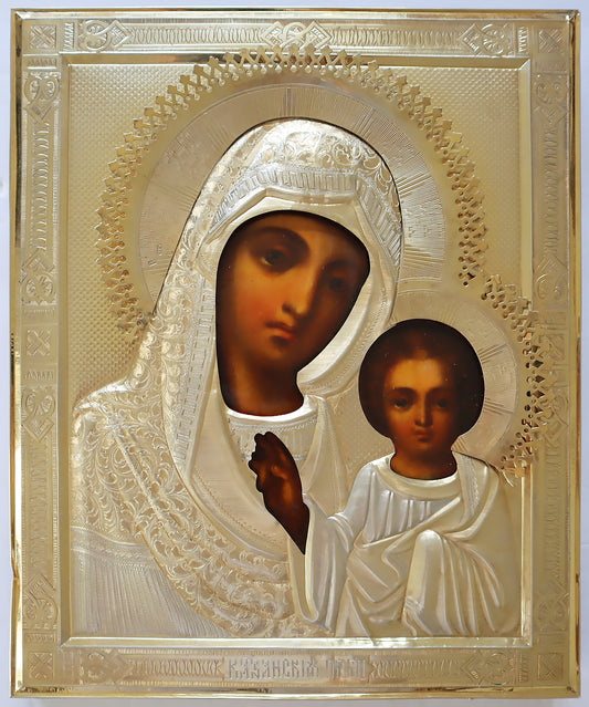 ANTIQUE 19c 84 SILVER RUSSIAN PAINTED ICON: The Kazanskaya Mother Of God With A Silver-Gilt Oklad | 5417 |