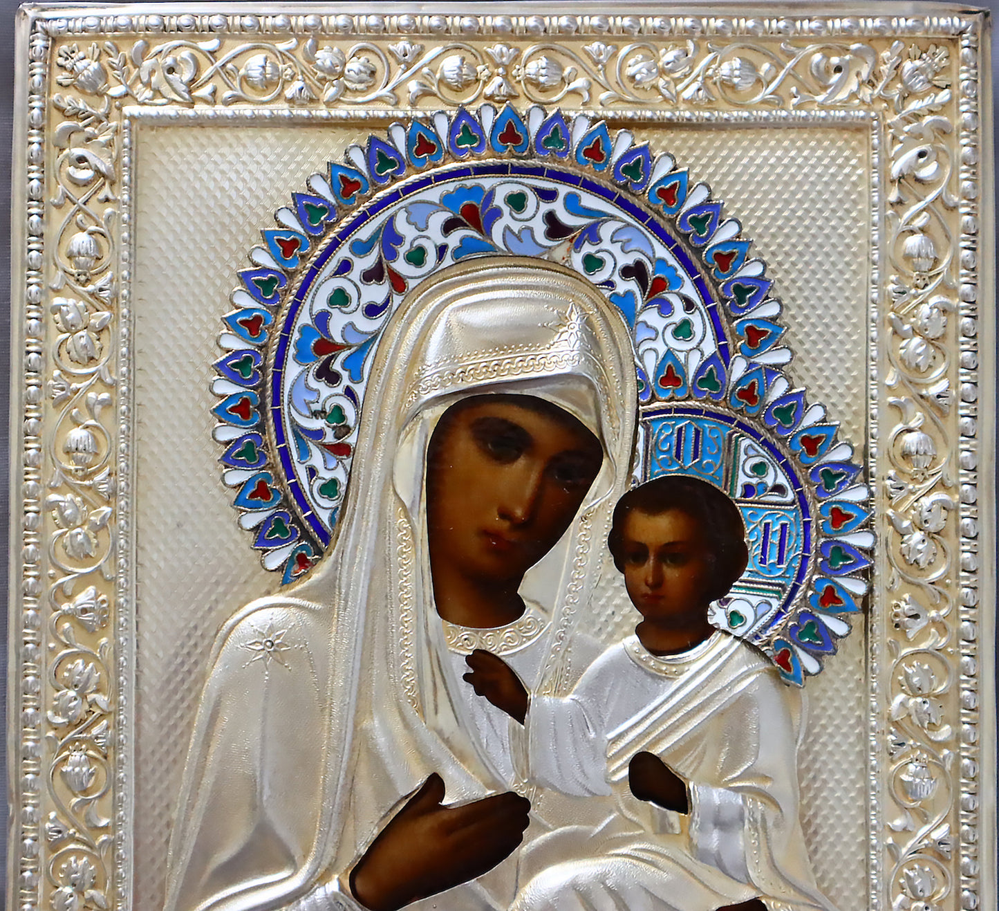 Antiques, Orthodox, Russian icon:The Mother Of God Of Tikhvin With A Silver-Gilt And Cloisonne Enamel Oklad | 5419 |