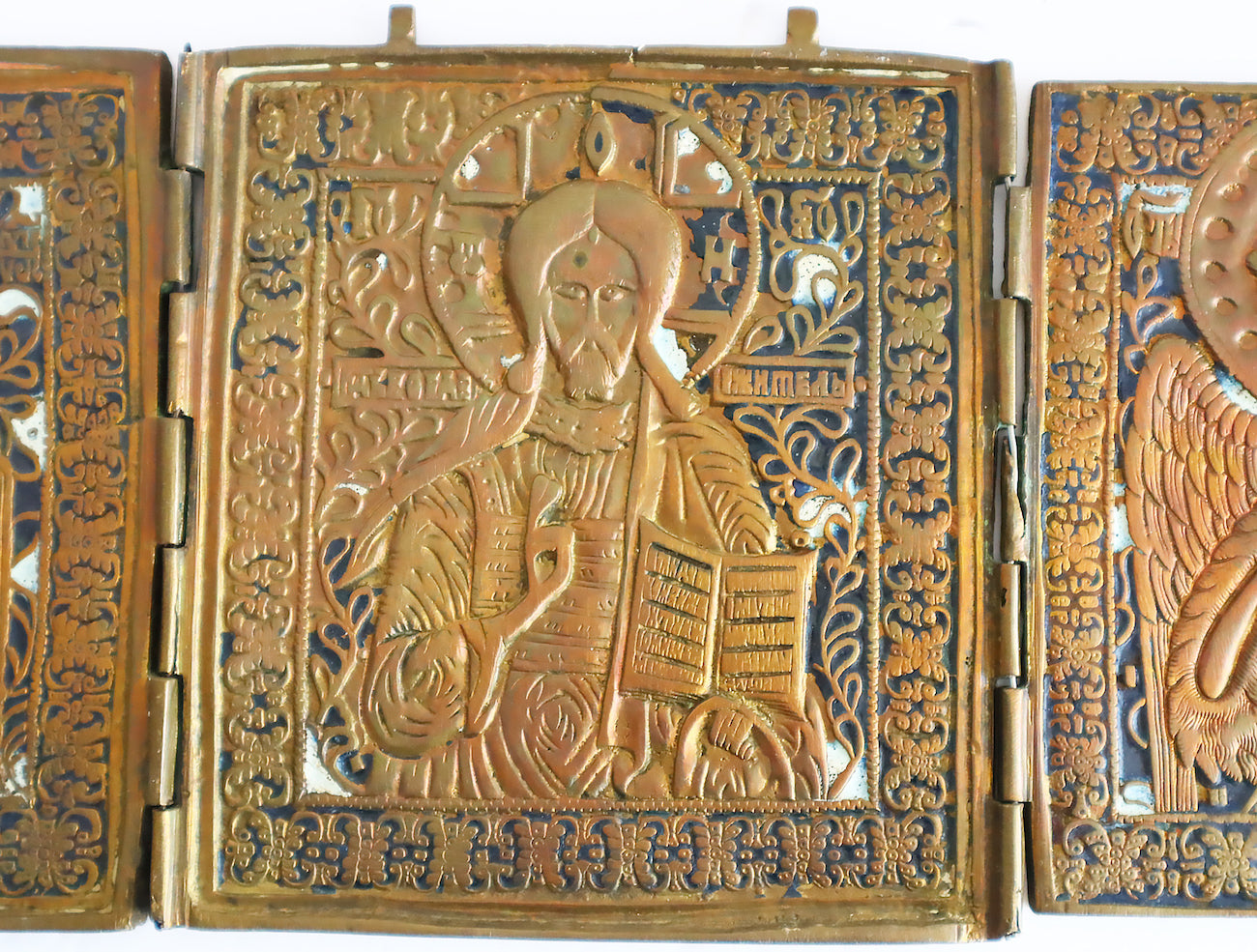 Antiques, Orthodox, Russian Bronze icon: Triptich Diesis with enamel. | 5491 |
