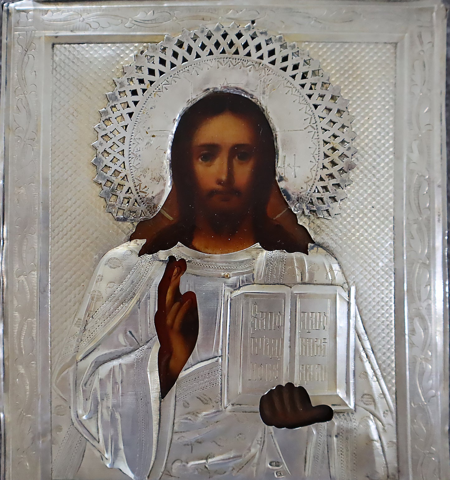 ANTIQUE 19c 84 SILVER RUSSIAN PAINTED ICON: CHRIST PANTOKRATOR WITH A SILVER OKLAD | 5516 |