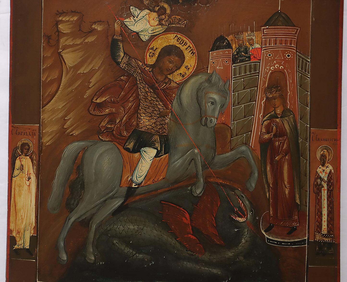 ANTIQUE 19c RUSSIAN PAINTED ICON: ST. GEORGE KILLING THE DRAGON | 5539 |