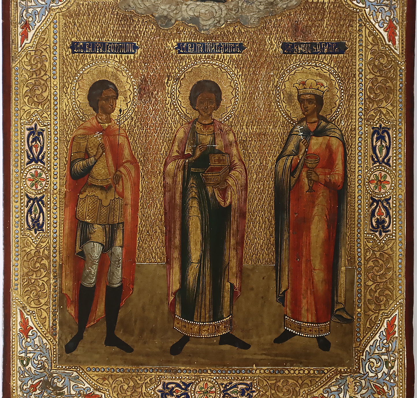ANTIQUE 19c RUSSIAN PAINTED ICON: STS. GEORGE, PANTELEIMON AND BARBARA | 5542 |