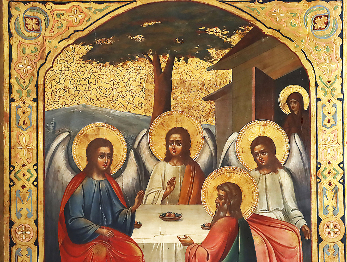 ANTIQUE 19c RUSSIAN PAINTED ICON: The old Testament Trinity | 5635 |
