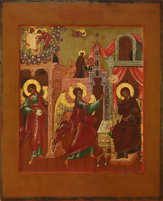 ANTIQUE 19c RUSSIAN PAINTED ICON: The Annunciation | 5640 |