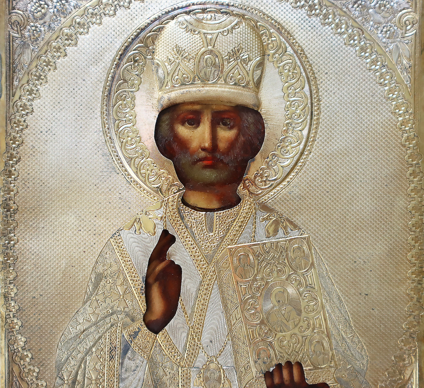 Christian, Orthodox icon of St. Nicholas the Wonderworker in a silver cover. | 5752 |