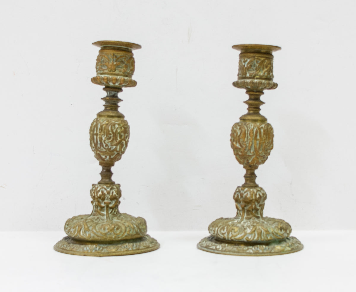 Pair Antique Bronze Candlesticks stock code A101C - Antiques Arena