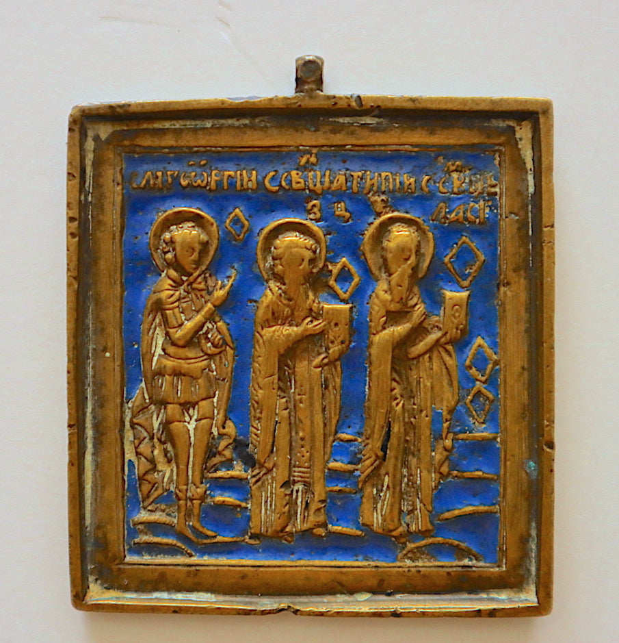 Antique, 19th century, Orthodox Russian Bronze Icon: Tree Saints | 4560 |