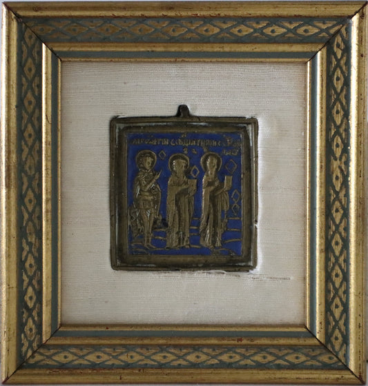 Antique, 19th century, Orthodox Russian Bronze Icon: Tree Saints | 4560 |