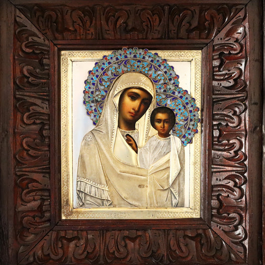 ANTIQUE 19c 84 SILVER RUSSIAN PAINTED ICON: KAZANSKAYA MOTHER OF GOD | 5140 |