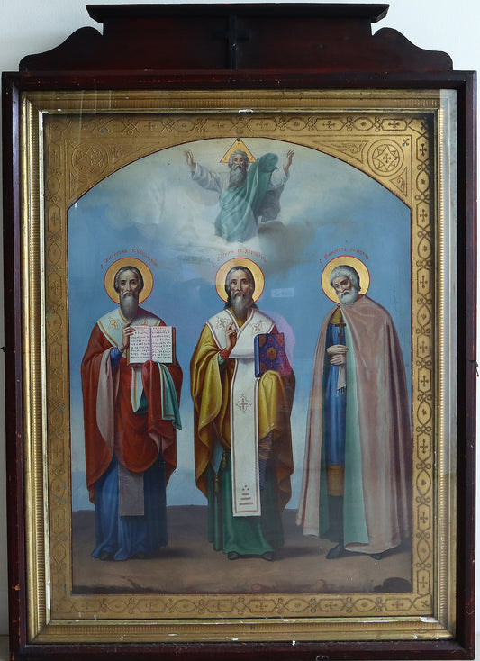 ANTIQUE 19c RUSSIAN PAINTED ICON: Three Saints | 5028 | .