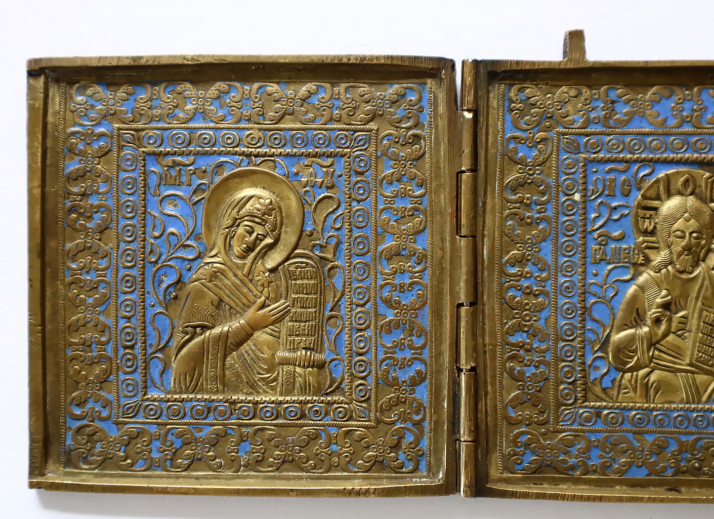 5051 | Antiques, Orthodox, Russian Bronze icon: Triptich Diesis with enamel.