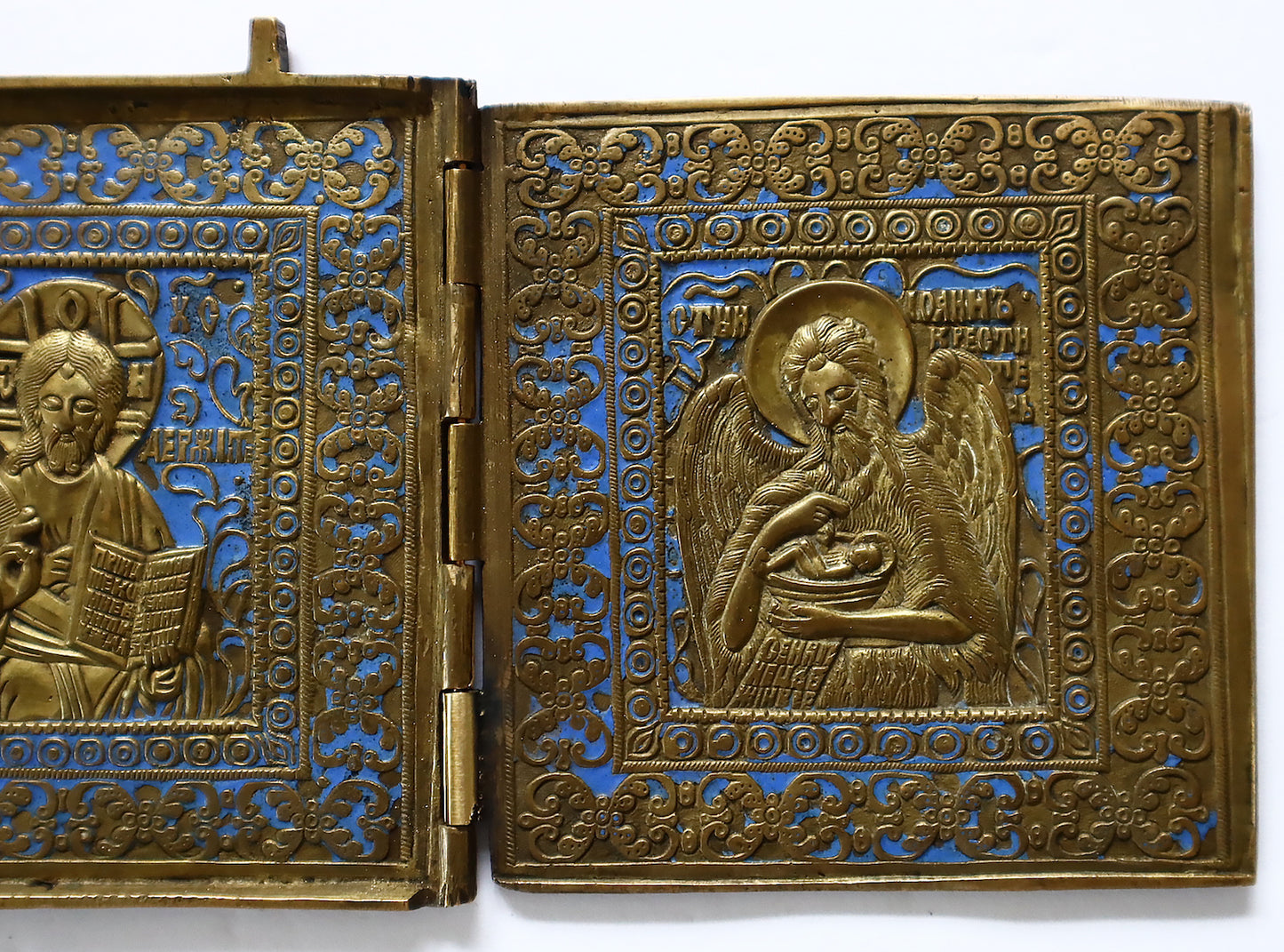 5051 | Antiques, Orthodox, Russian Bronze icon: Triptich Diesis with enamel.