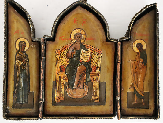 ANTIQUE 19c RUSSIAN PAINTED ICON: Triptych icon of the Diesis | 5114 |