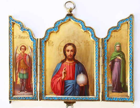 ANTIQUE 19c 84 SILVER RUSSIAN PAINTED ICON Three-winged triptych, silver-gilt, enamel. | 5259