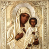 5262 | Antiques, Orthodox, Russian icon: Smolenskaya Mother of God with silver cover.