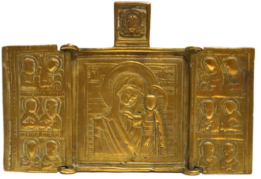 5322 | Antiques, Orthodox, Russian Bronze icon-triptych: The Mother of God.