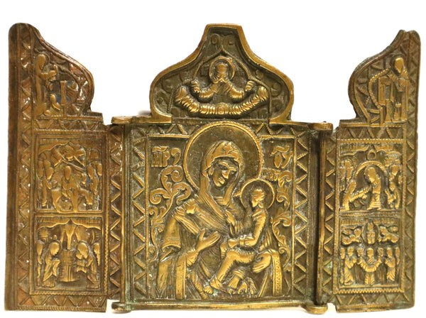 5332 | Antiques, Orthodox, Russian Bronze icon-triptych: The Mother of God.