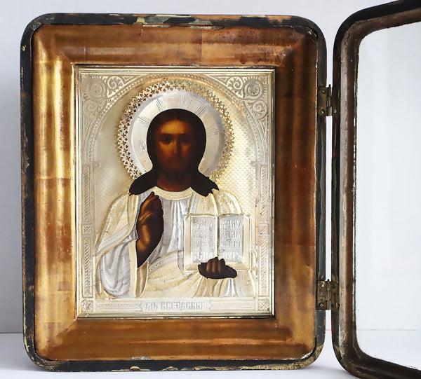 5355 | Antiques, Orthodox, Russian icon: THE CHRIST PANTOCRATOR WITH A SILVER OKLAD  In wooden Keot.