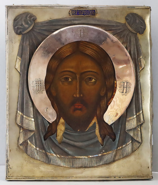 ANTIQUE 19c 84 SILVER RUSSIAN PAINTED ICON: Christ Not Made with Human Hands. | 5364 |