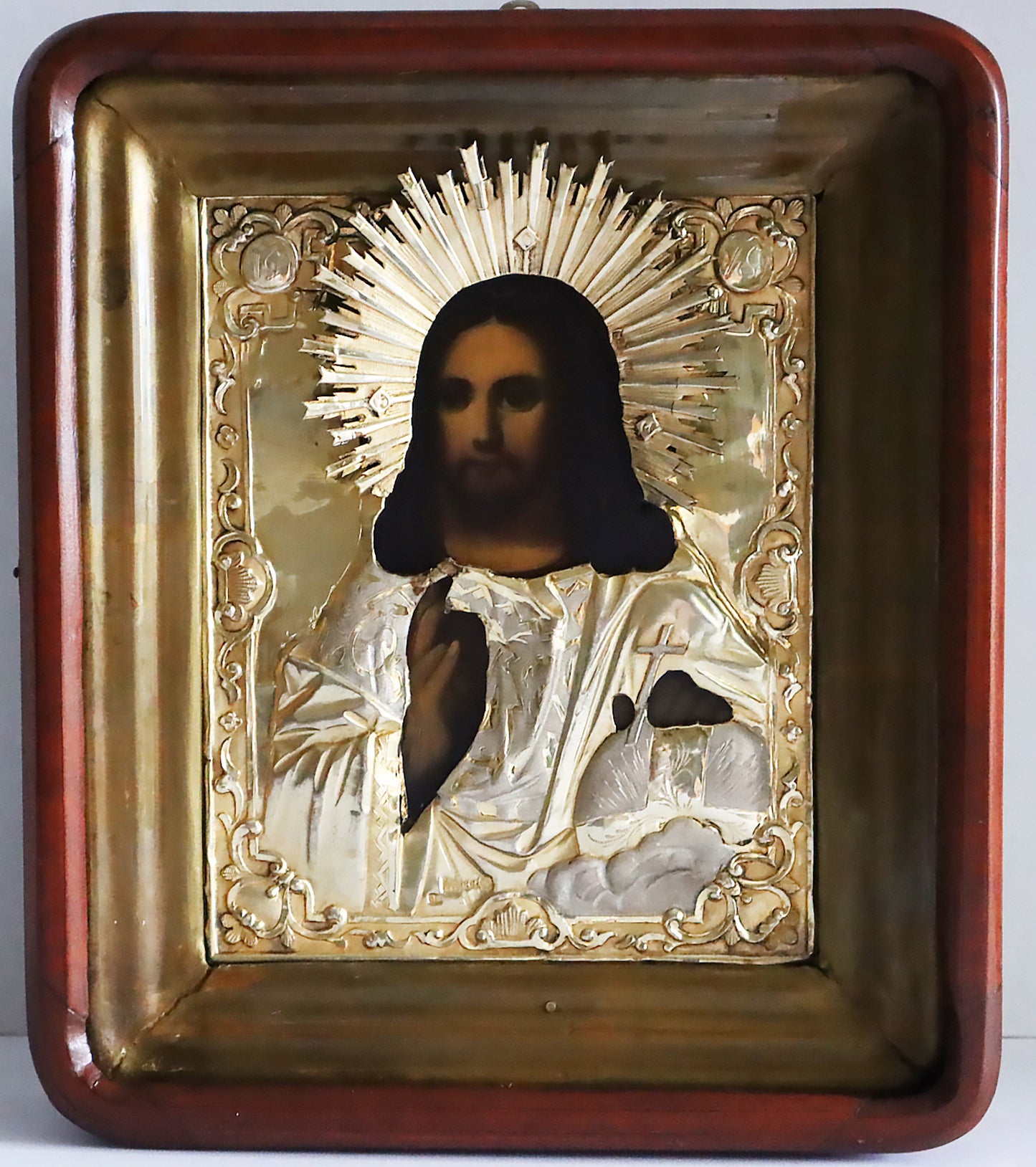 ANTIQUE 19c 84 SILVER RUSSIAN PAINTED ICON: THE CHRIST PANTOCRATOR WITH A SILVER OKLAD In wooden Keot. | 5385 |