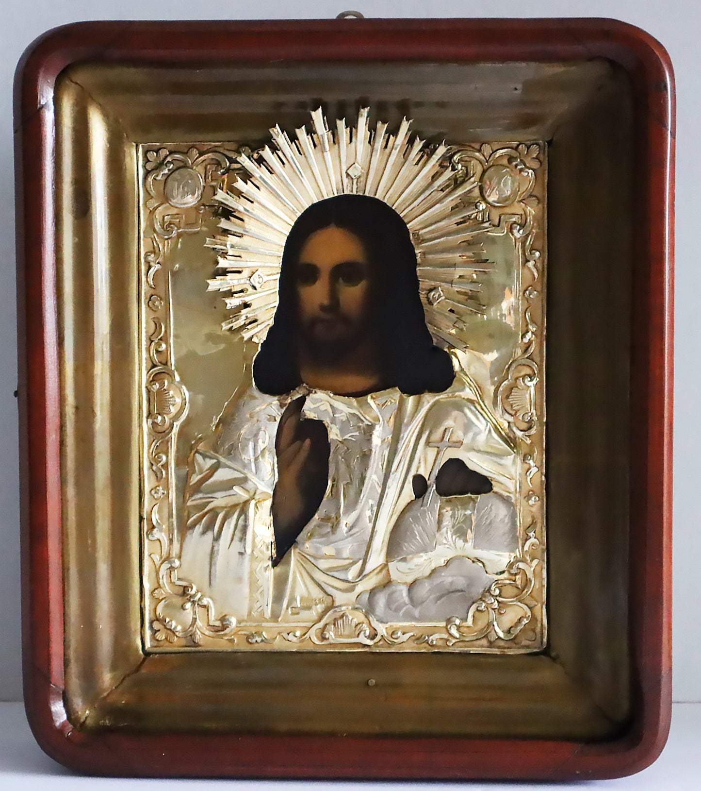 ANTIQUE 19c 84 SILVER RUSSIAN PAINTED ICON: THE CHRIST PANTOCRATOR WITH A SILVER OKLAD In wooden Keot. | 5385 |