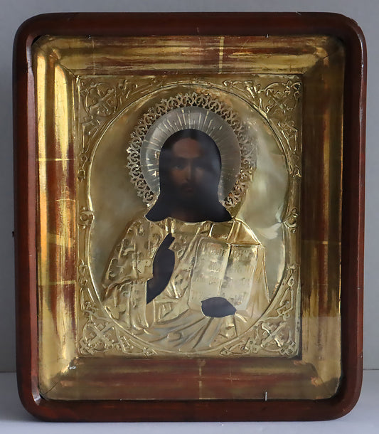 Antiques, Orthodox, Russian icon: THE CHRIST PANTOCRATOR WITH A SILVER OKLAD In wooden Keot. | 5386 |