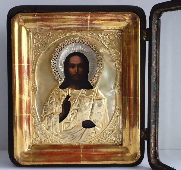5386 | Antiques, Orthodox, Russian icon: THE CHRIST PANTOCRATOR WITH A SILVER OKLAD In wooden Keot.