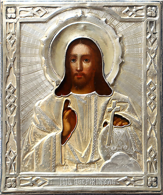 ANTIQUE 19c 84 SILVER RUSSIAN PAINTED ICON: THE CHRIST PANTOCRATOR WITH SILVER OKLAD | 5391 |