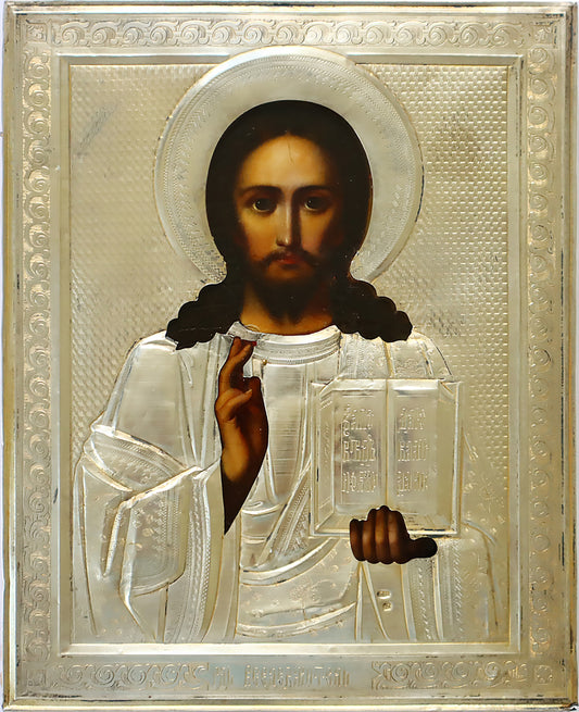 ANTIQUE 19c 84 SILVER RUSSIAN PAINTED ICON: CHRIST PANTOKRATOR WITH A SILVER OKLAD | 5395