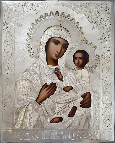 5416 | Antiques, Orthodox, Russian icon: The Tikhvinskaya Mother Of God With A Silver Oklad