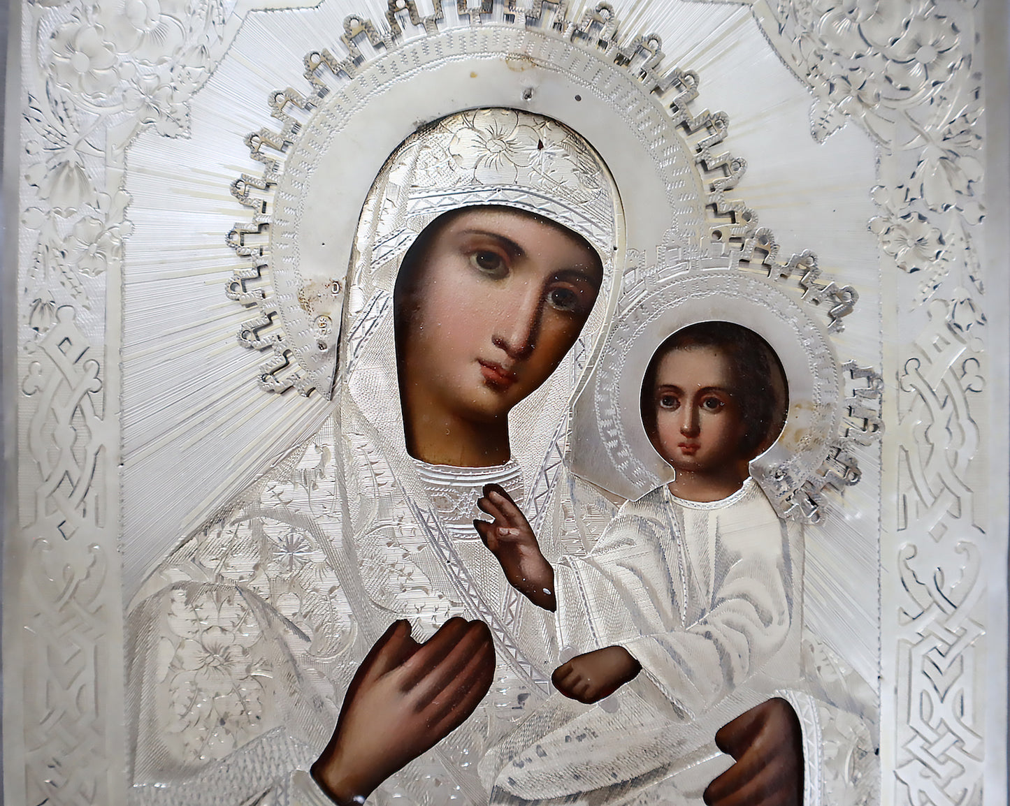 5416 | Antiques, Orthodox, Russian icon: The Tikhvinskaya Mother Of God With A Silver Oklad