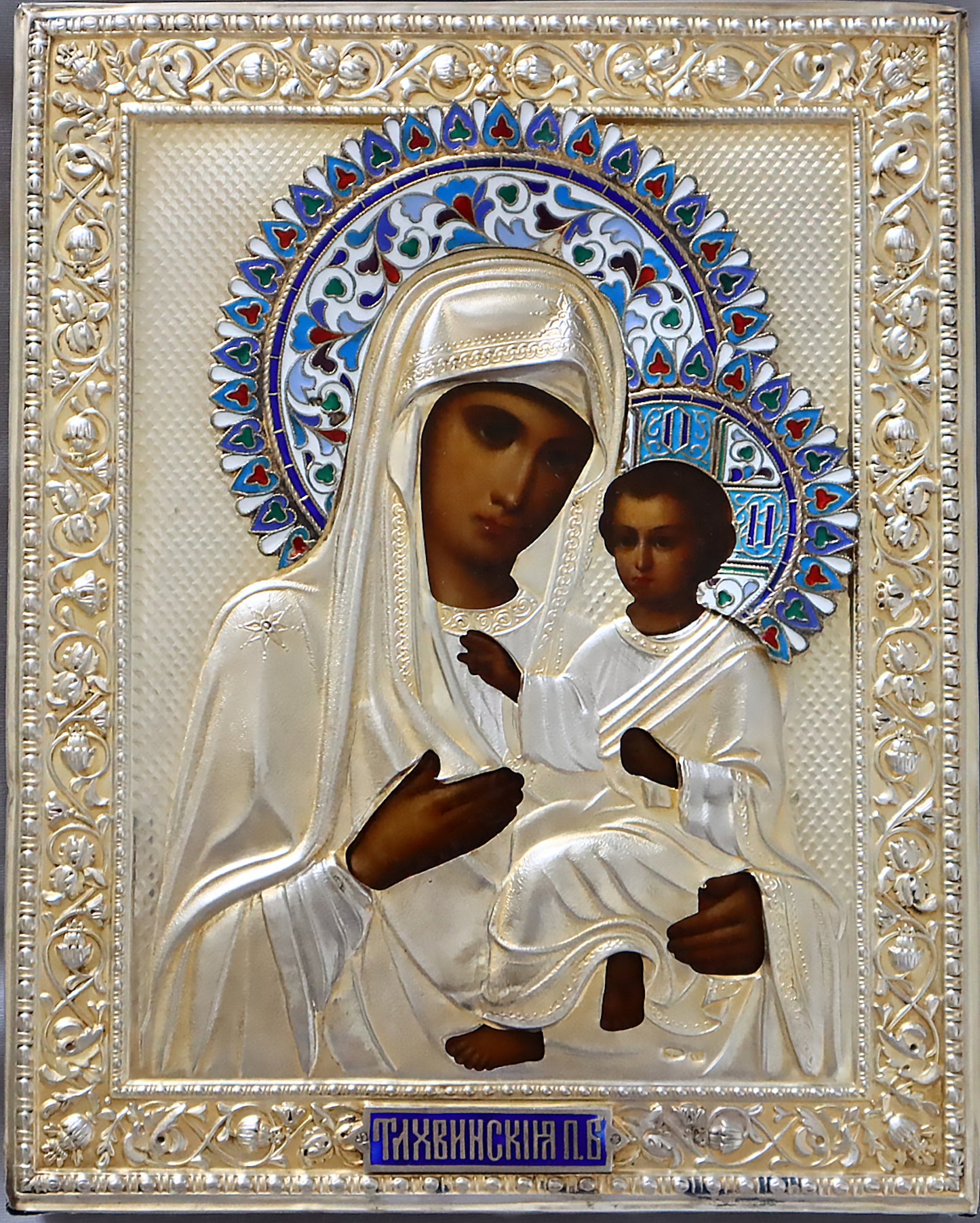 Antiques, Orthodox, Russian icon:The Mother Of God Of Tikhvin With A Silver-Gilt And Cloisonne Enamel Oklad | 5419 |